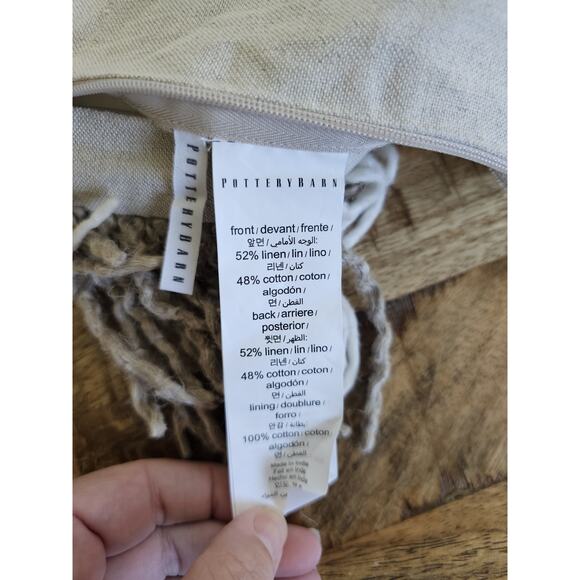 Pottery Barn Woven Plaid Fringe Pillow Cover 22"x22" Beige Linen Cotton Blend - Picture 8 of 8